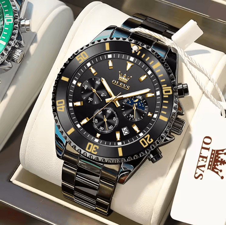 OLEVS Luxury Mens Watch Stainless Steel Chronograph Waterproof with Moon Phase
