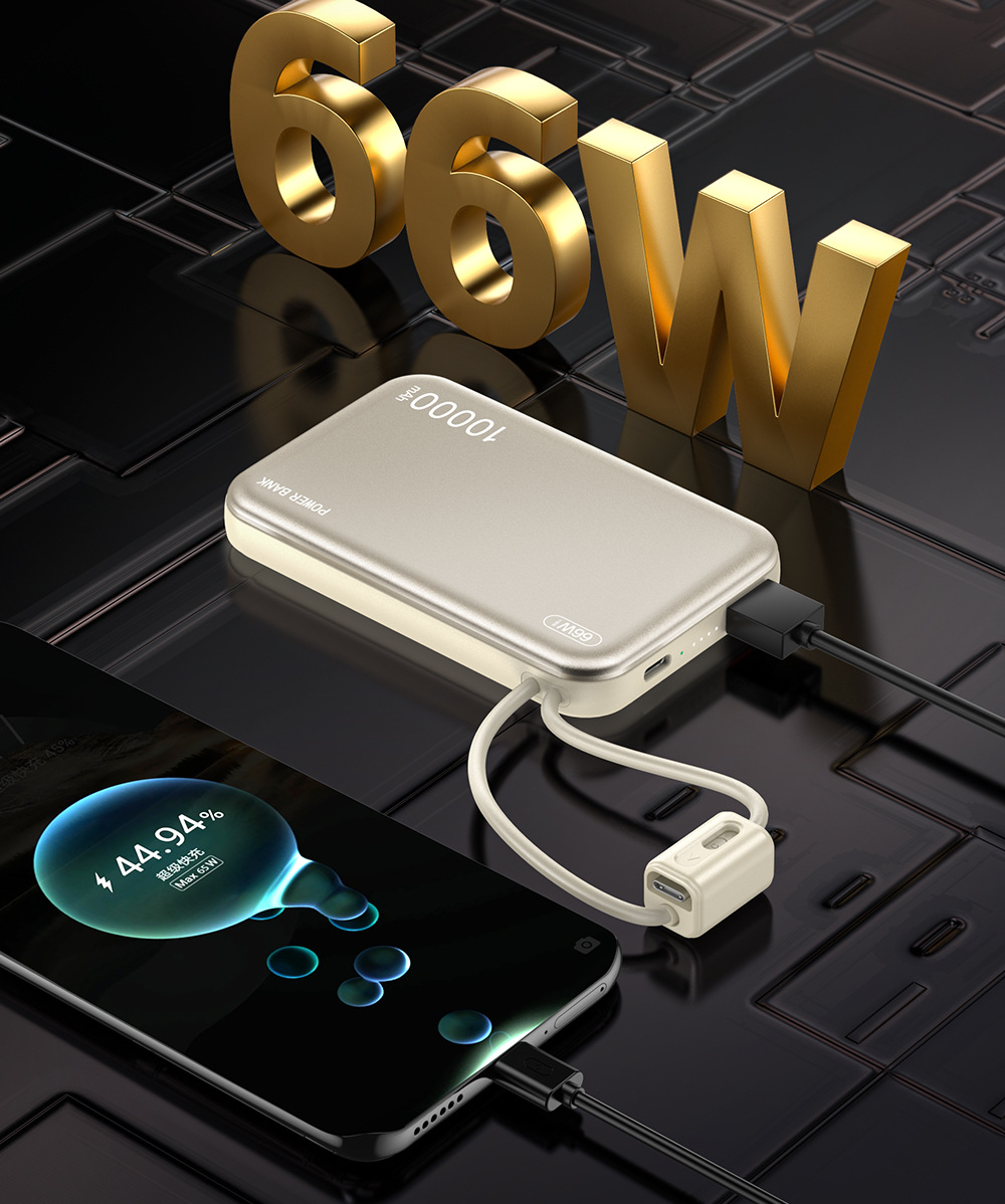 66W Fast Charging Power Bank, Type-C Cable External Battery, Mobile Power Supply for iPhone