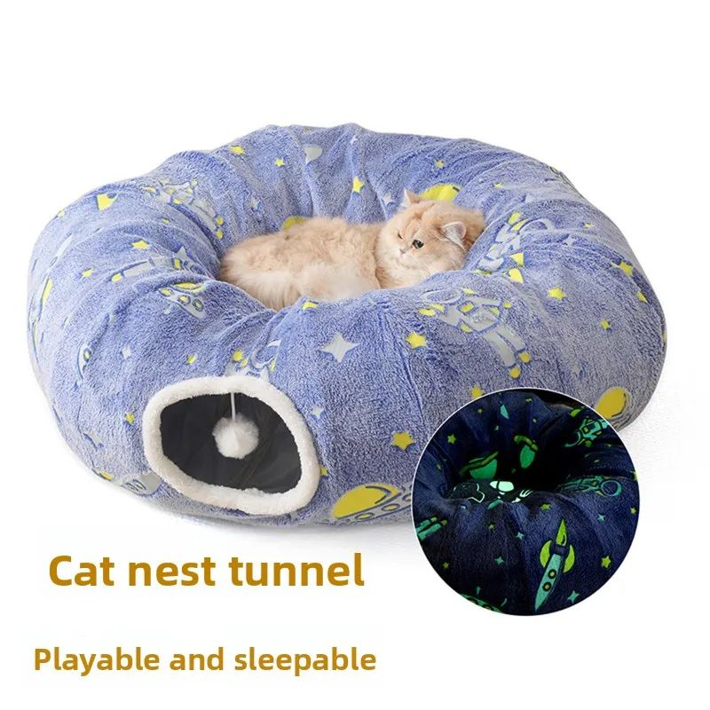 Foldable Cat Tunnel Bed with Peekaboo Cave – Washable Winter Playhouse with 4 Entry Points for Kittens and Cats