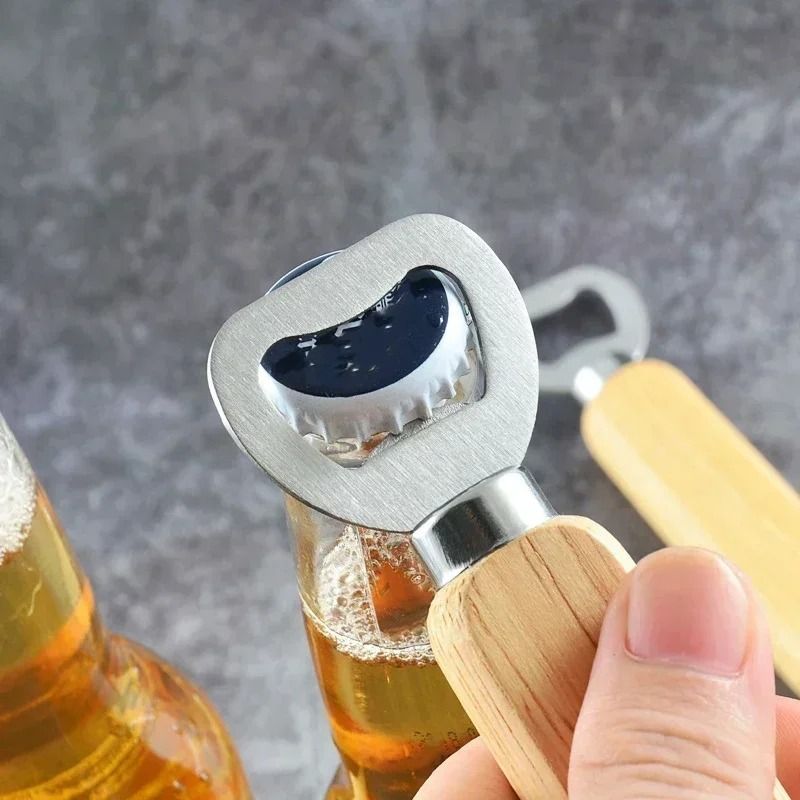 Premium Stainless Steel Bottle Opener – Ergonomic Wooden Handle Cap Opener