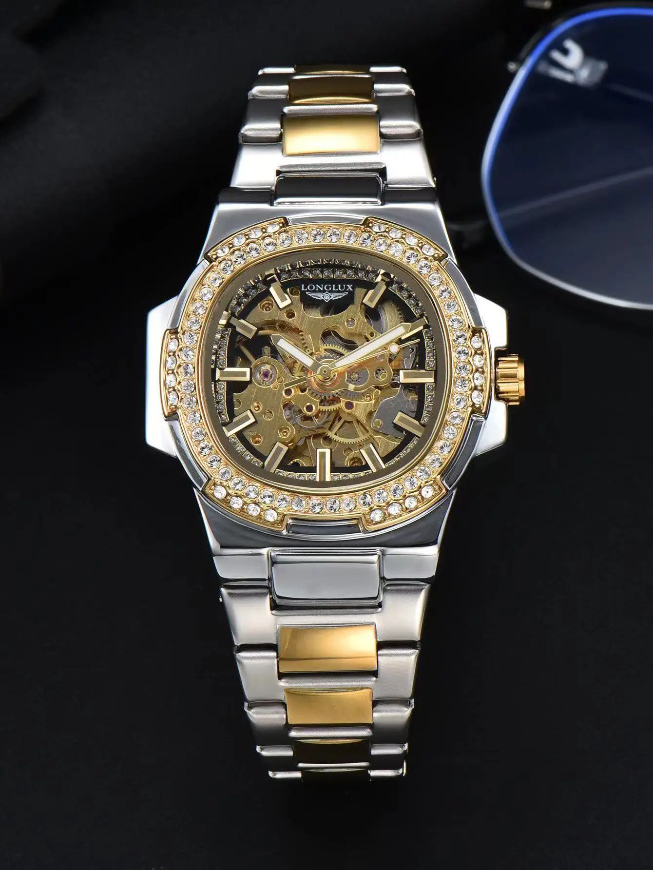 LONGLUX Luxury Skeleton Automatic Men's Diamond Stainless Steel Watch
