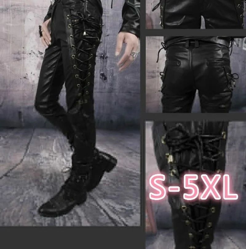 Men's Punk Style Faux Leather Motorcycle Pants – Black Side Lace-Up Biker Trousers