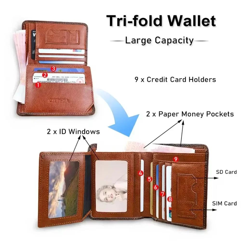 Genuine Leather RFID Trifold Wallet for Men