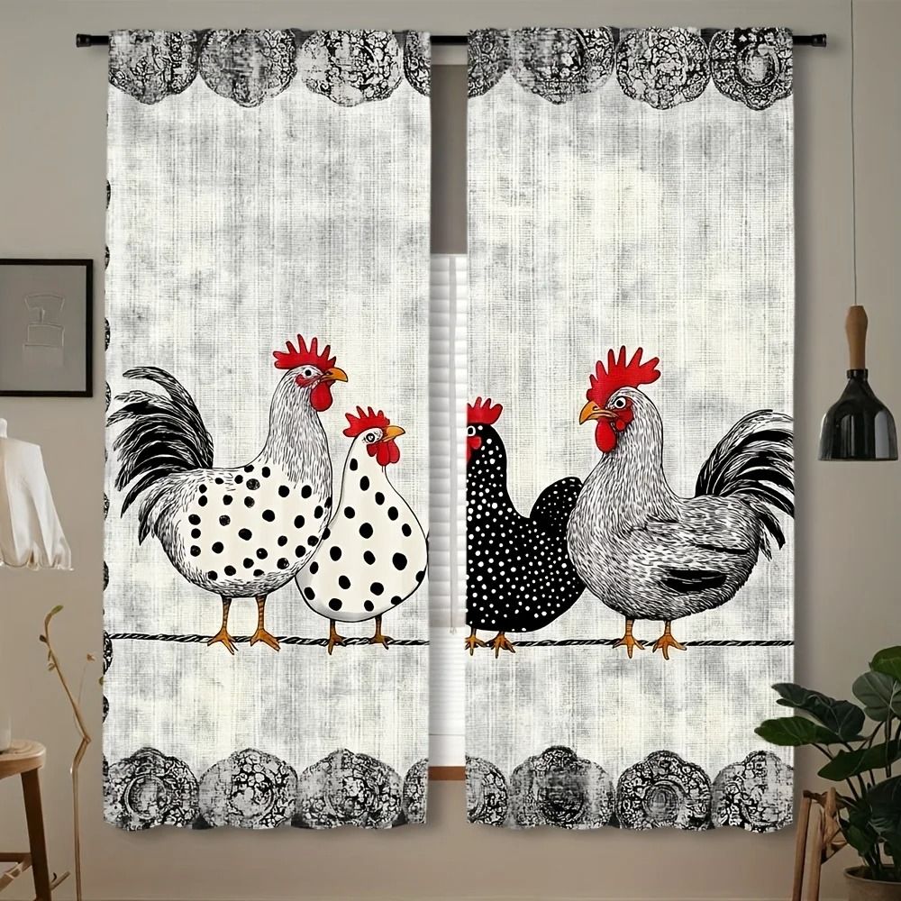 Retro Polka Dot Chicken Cafe Curtains | 2-Piece Contemporary Light-Filtering Rod Pocket Drapes for Kitchen
