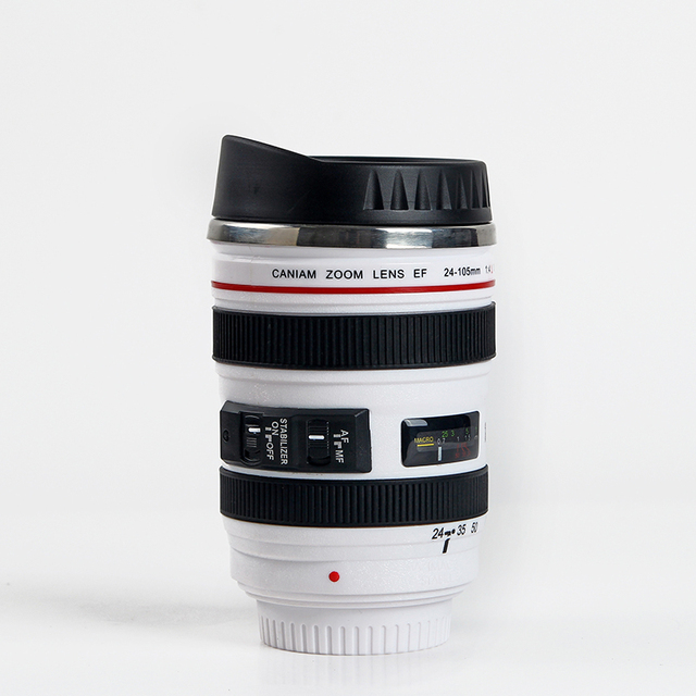 White and Black Camera Lens Mug - Stainless Steel EF24-105mm: Unique Coffee Cup Gift