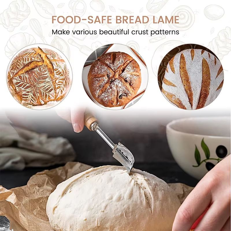 LMETJMA Premium Stainless Steel Bread Lame with Wooden Handle and Replacement Blades