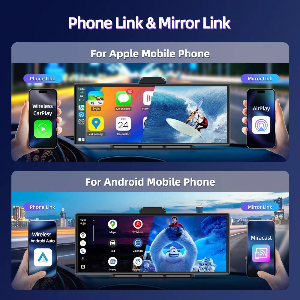 11.4 inch 4K Dash Cam with Wireless CarPlay and Android Auto