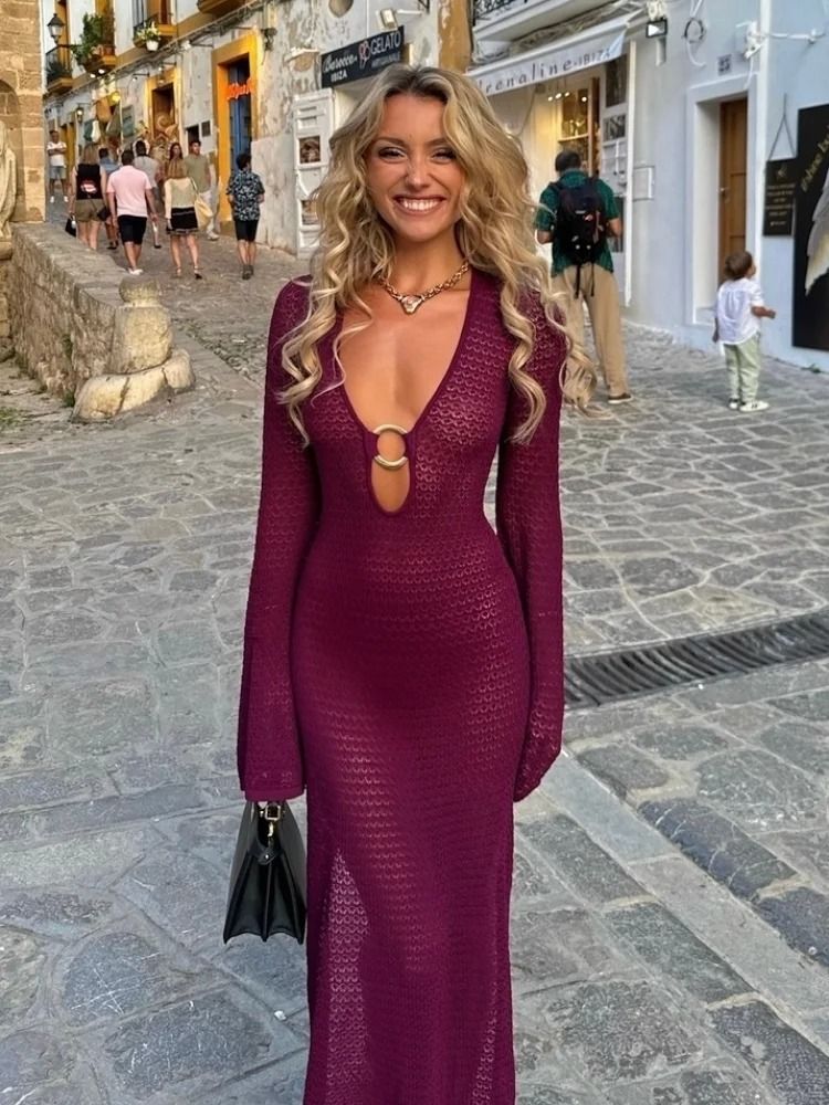 Womens Crochet V Neck Split Beach Dress with Metal Ring Detail and Flared Sleeves for Vacation and Summer Style