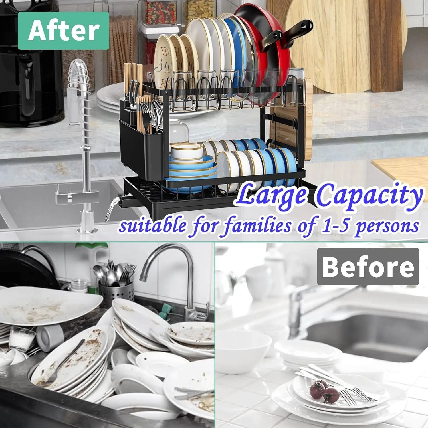 2-Tier Kitchen Dish Drying Rack – Heavy-Duty Countertop Drainer with Drip Tray – Metal Space-Saving Dish Rack