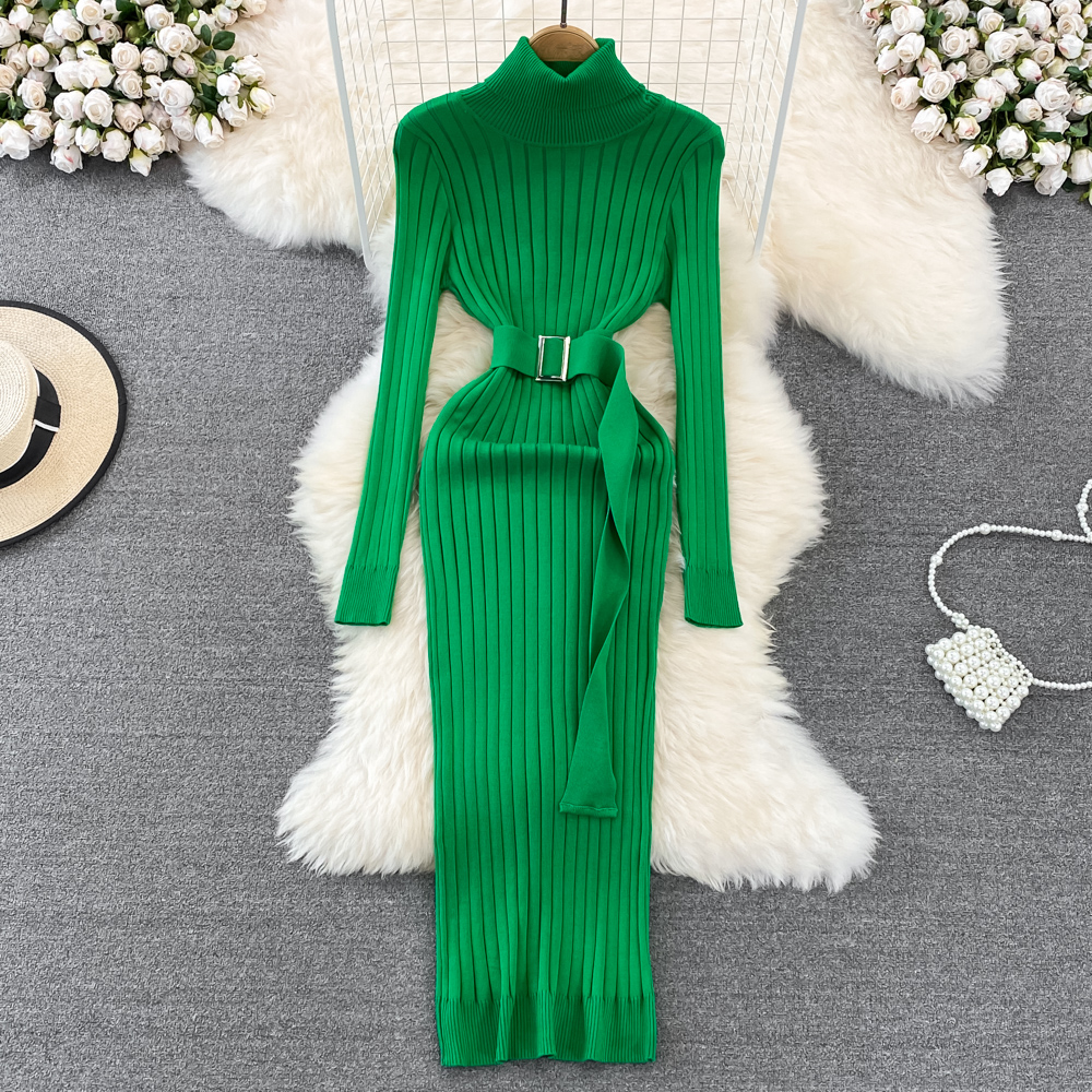 Autumn Winter Long Sleeve Bodycon Sweater Dress with Belt, Turtleneck Sexy Wrap Hips Knitted Dresses Women