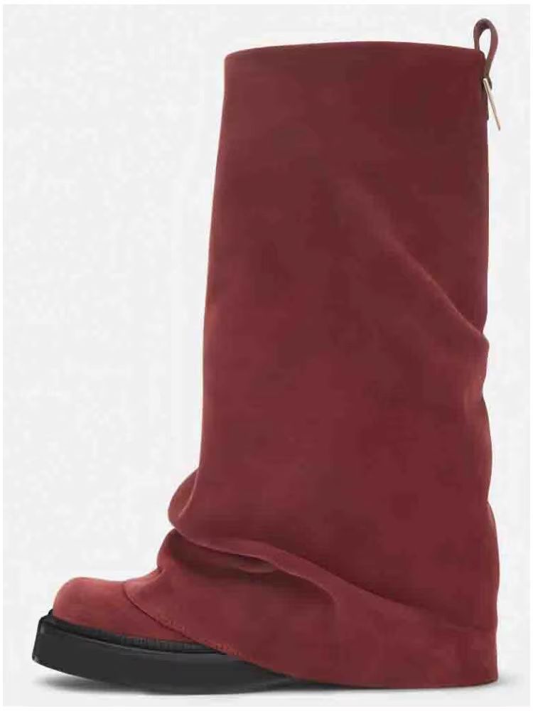 Women's Autumn Winter Calf Boots – Pleated Leather Mid-Leg Design with Thick High Heels