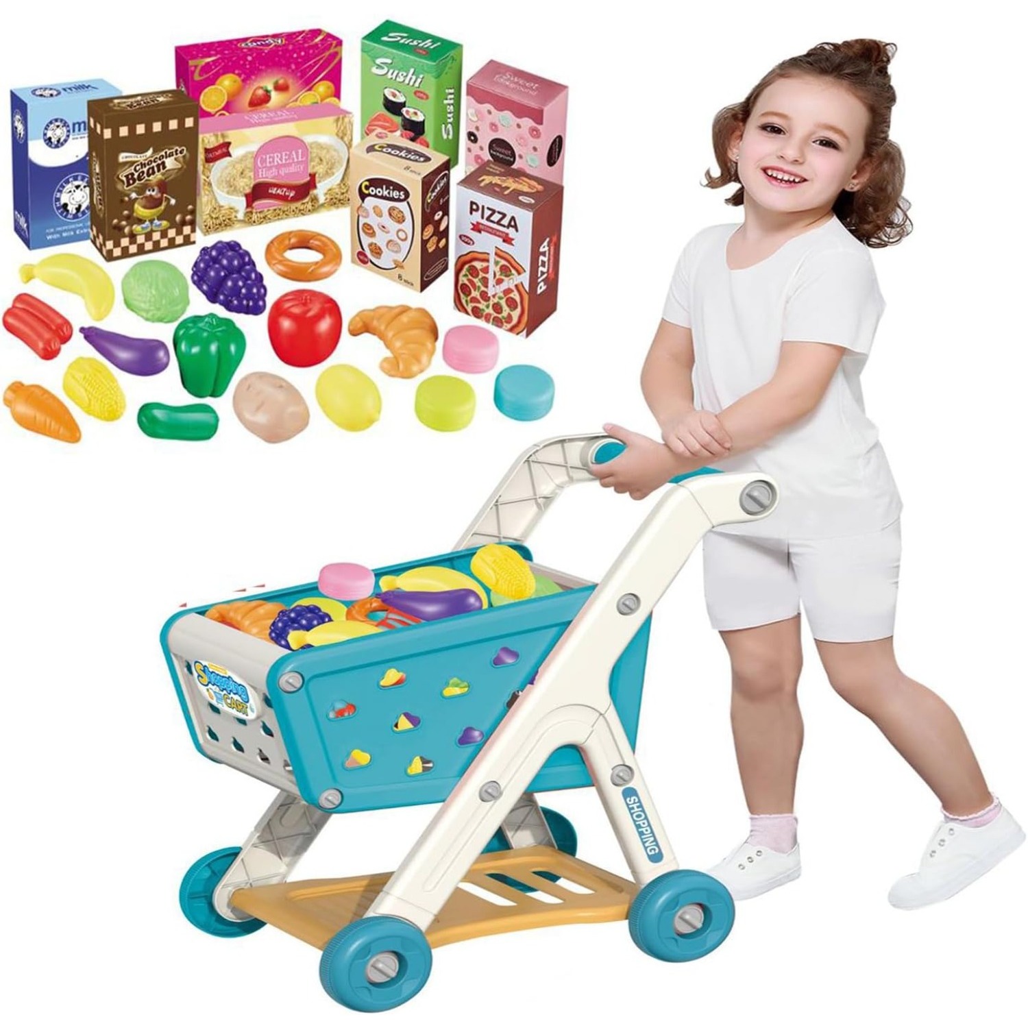 Toddler Shopping Cart Trolley Playset, Educational Toy with Food, Fruits, and Vegetables for Kids