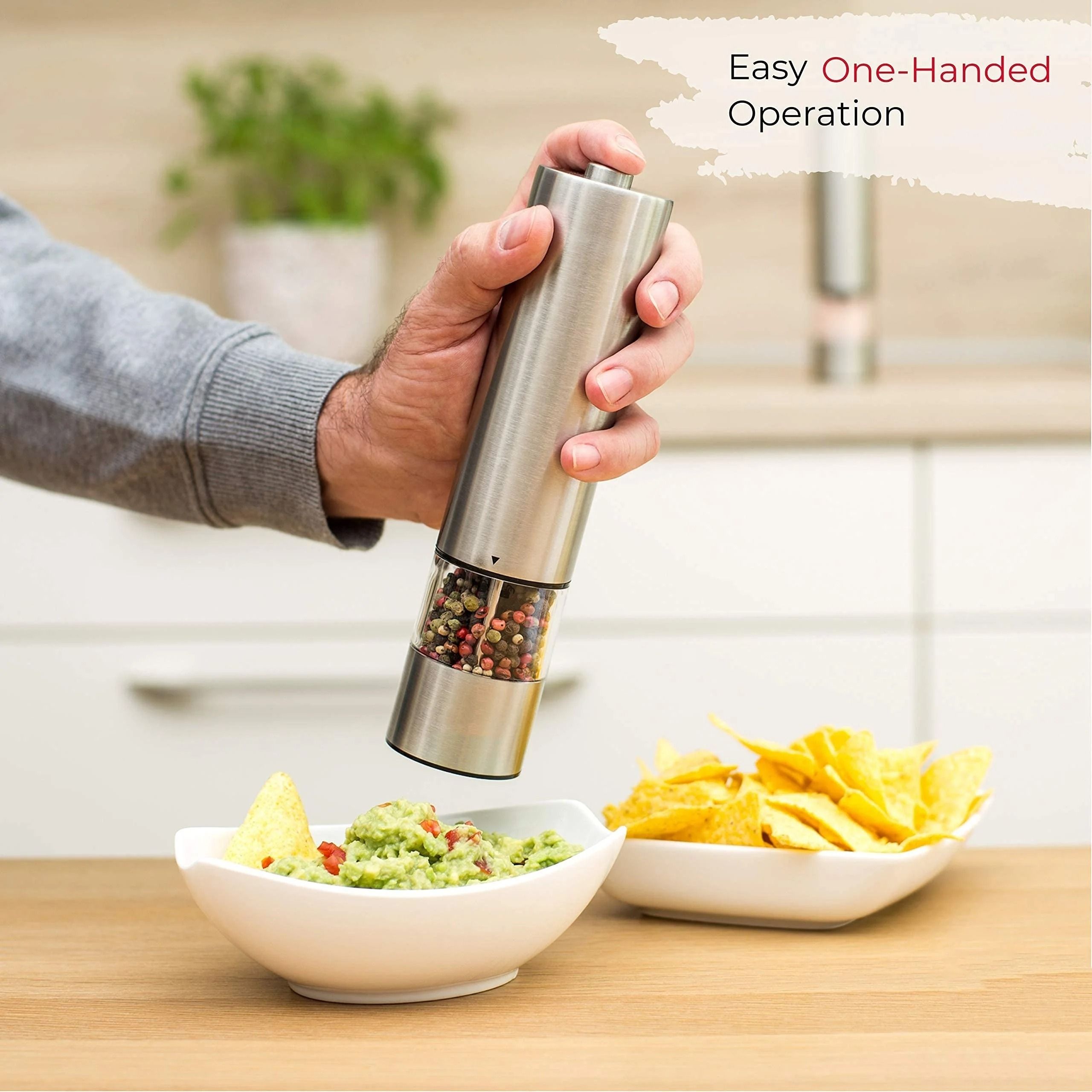 AutoGrind Electric Salt and Pepper Grinder Stainless Steel Automatic Pepper Mill One Hand Operation with LED Light