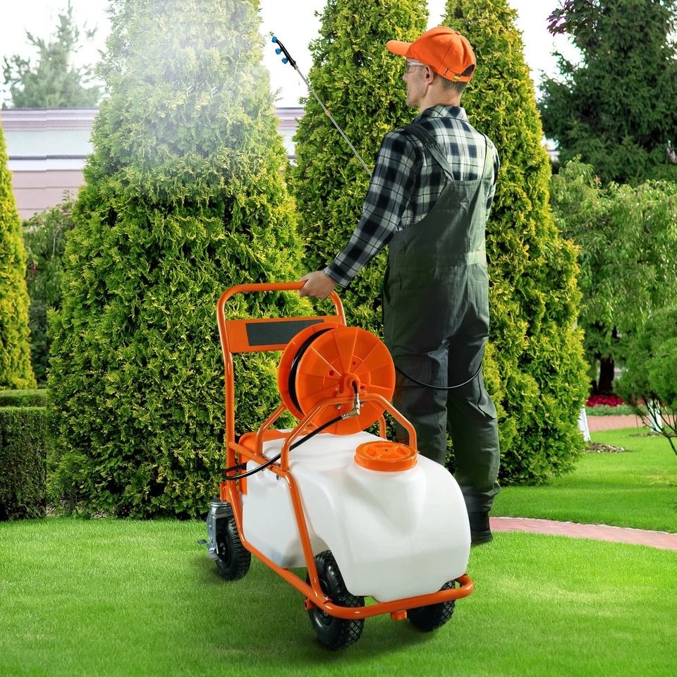 Battery Powered Lawn Sprayer Cart 15 Gallon Tank with Wheels, Adjustable, Ideal for Lawn Care & Garden