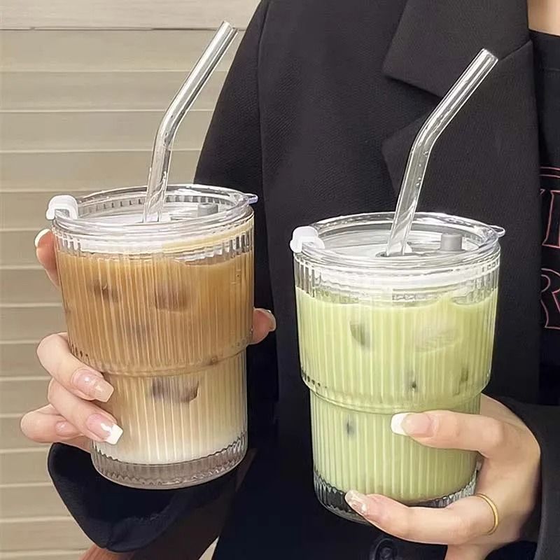 450ml Glass Cup with Lid and Straw Leakproof Heat Resistant Drinkware