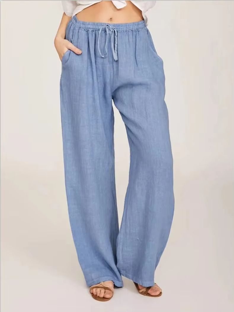 Womens Cotton Linen Wide Leg Pants – Casual Loose Trousers with Elastic Waist & Pockets