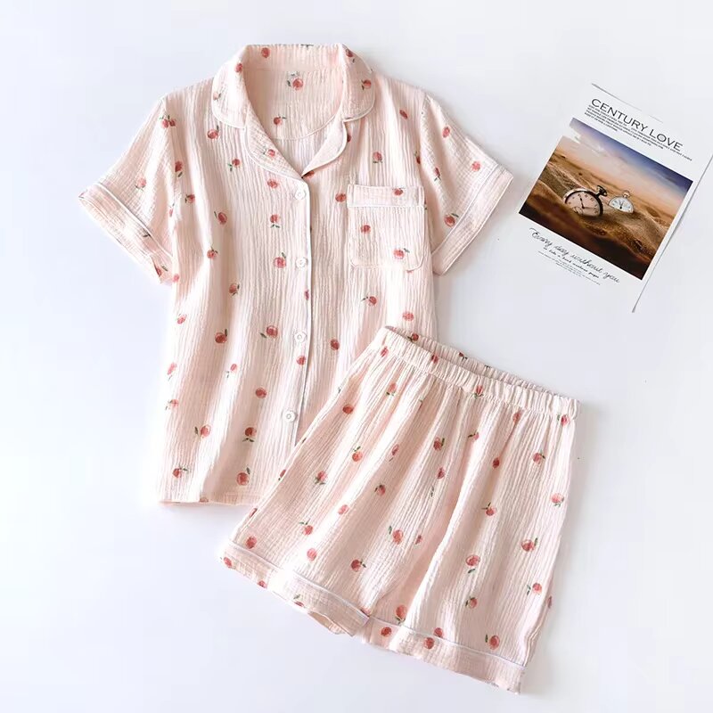 Summer Ladies Short-sleeved Pajamas Set, Cotton Crepe Cloth, Thin Two-piece Spring and Autumn Loose Shorts Home Service
