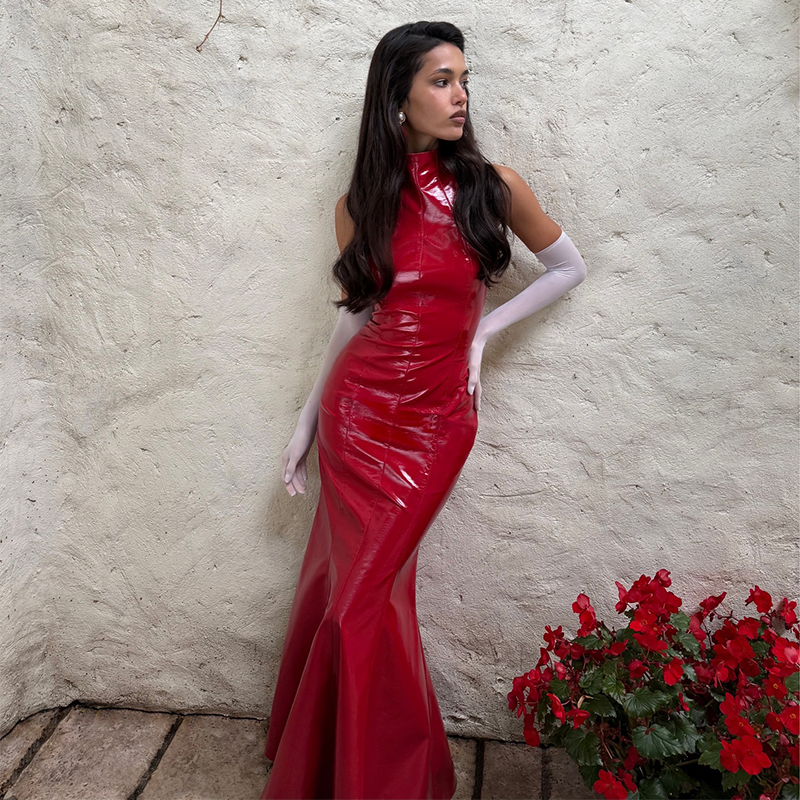 Women's Solid Leather Bodycon Dress, Sexy Turtleneck Sleeveless, Spring New Nightclub Gown