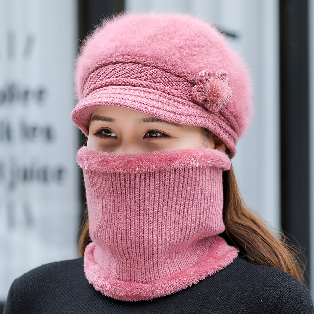 Fashion Women Winter Hat Faux Fur Knitted Hat Scarf Warm Set Keep Warm Cap Casual Flower Hat Lined with Fur