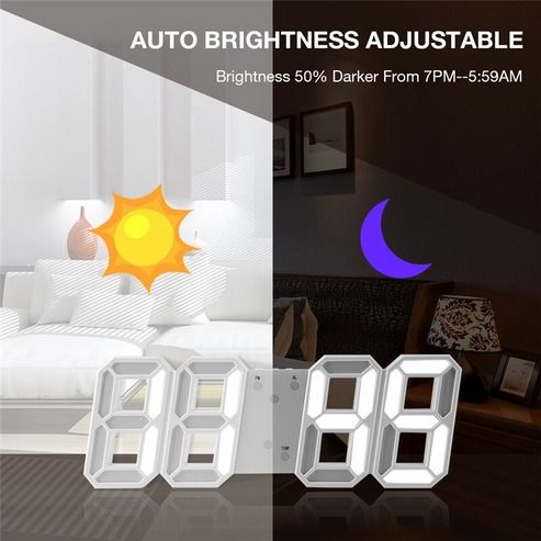 LED Big Wall Clock, USB Powered Digital Alarm, Snooze Function, Auto Brightness