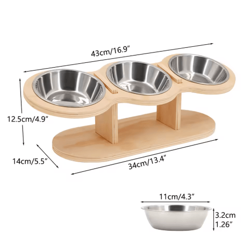 Raised Cat Feeder with 3 Stainless Steel Bowls 15° Ergonomic Wooden Feeding & Watering Station