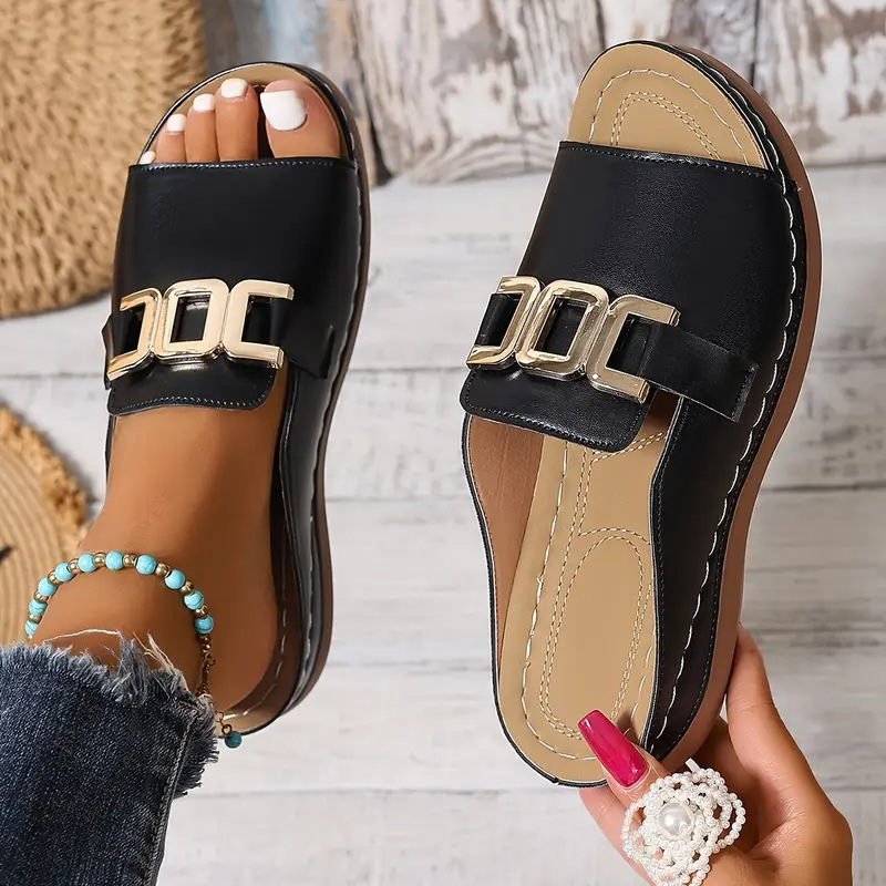 Ladies Comfortable Beach Slides, Wide Width Open Toe Casual Mules with Arch Support & Shock Absorption for Daily Wear