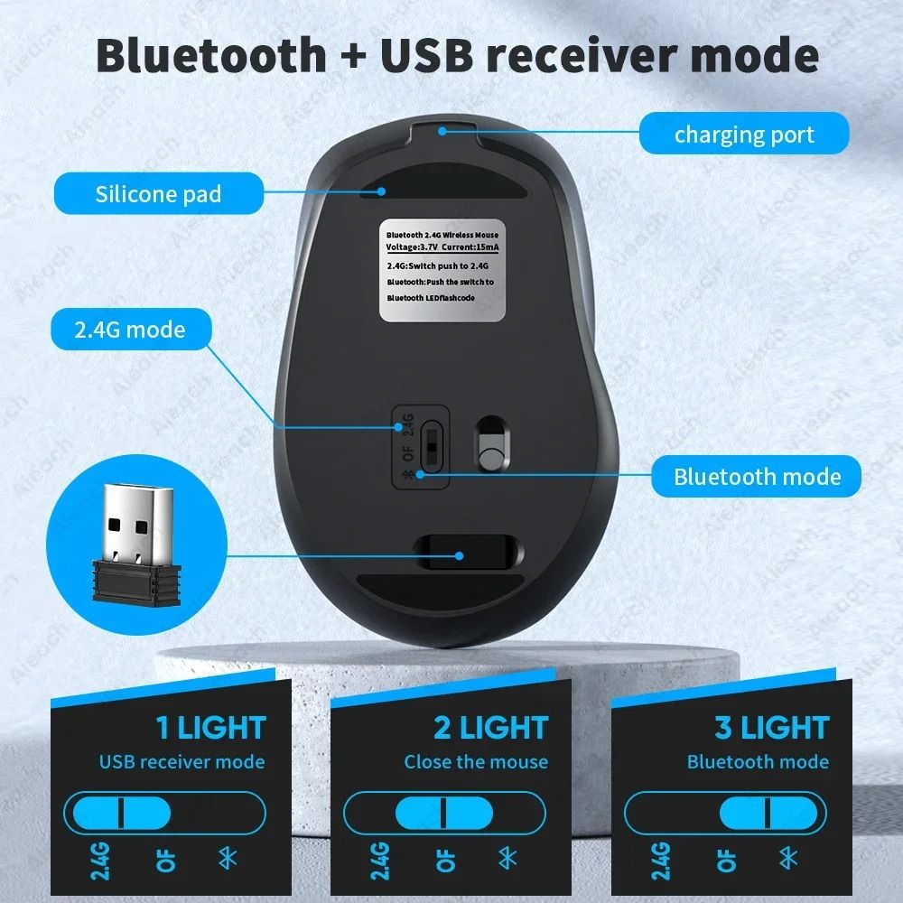 Rechargeable Dual Mode Silent Wireless Bluetooth Mouse Ergonomic Design