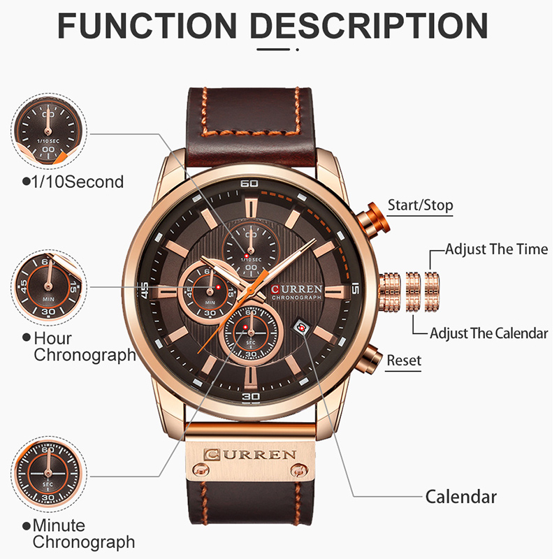 CURREN Men Military Quartz Watch with Leather Strap, Chronograph Wristwatch