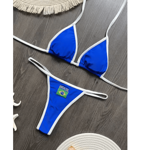 Embroidered Brazil Flag Bikini Contrast Split Patchwork Swimsuit