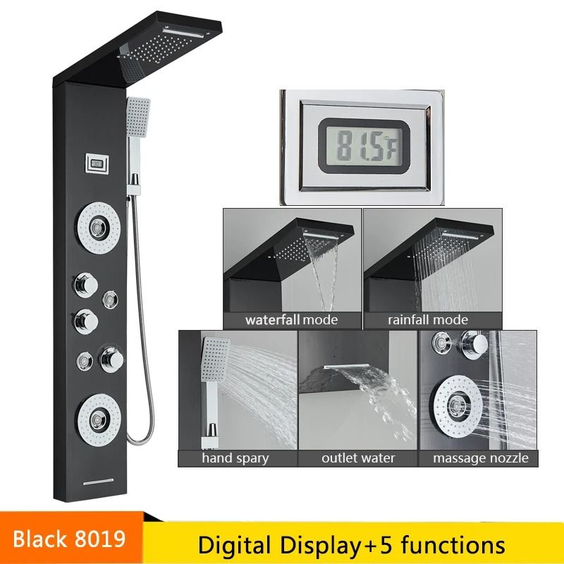 LED Rainfall Shower Panel with Digital Display and Massage Jets