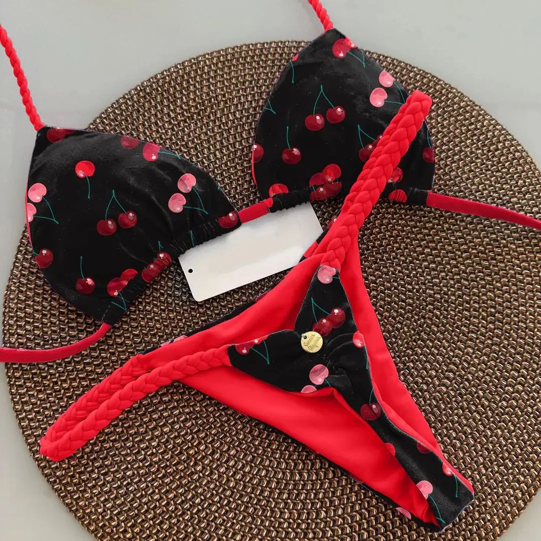 Womens Split Print G-String Bikini Set Sexy Beach Swimwear
