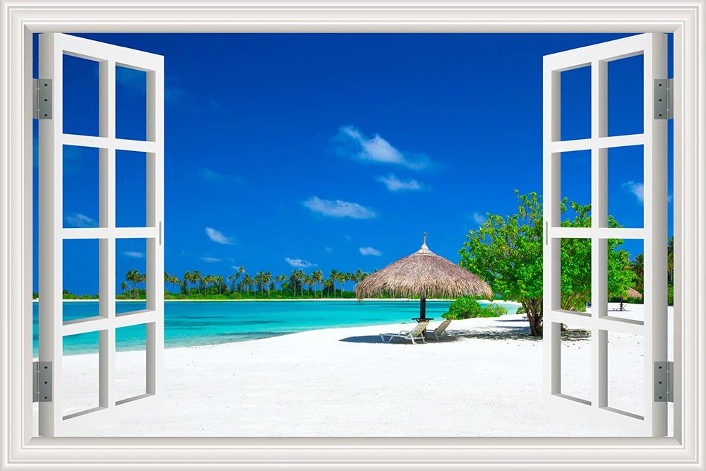 3D Beach Window View Wall Sticker – Ocean Sky Landscape Peel & Stick PVC Wallpaper