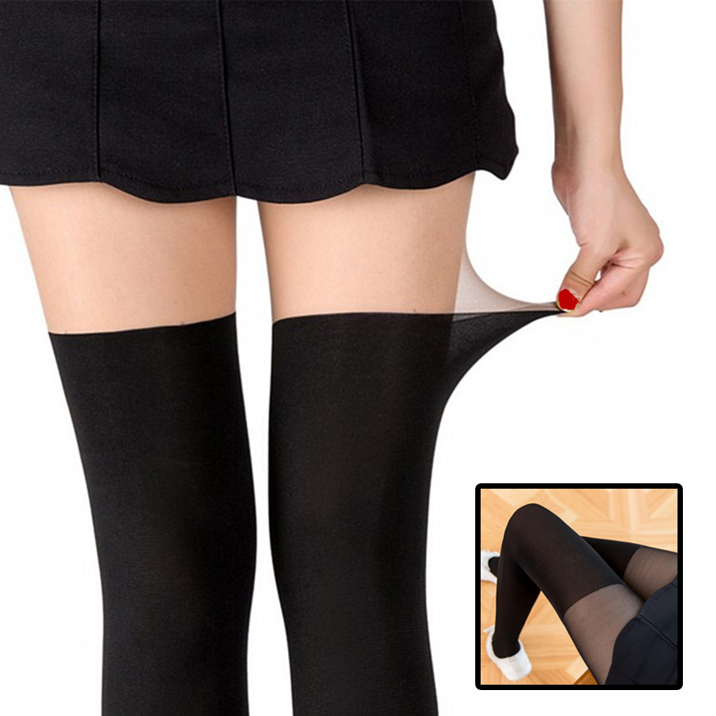 Sheer Top Opaque Bottom Pantyhose, Fake Over the Knee Velvet Tights for Women, Slimming Stockings Long Socks Girls
