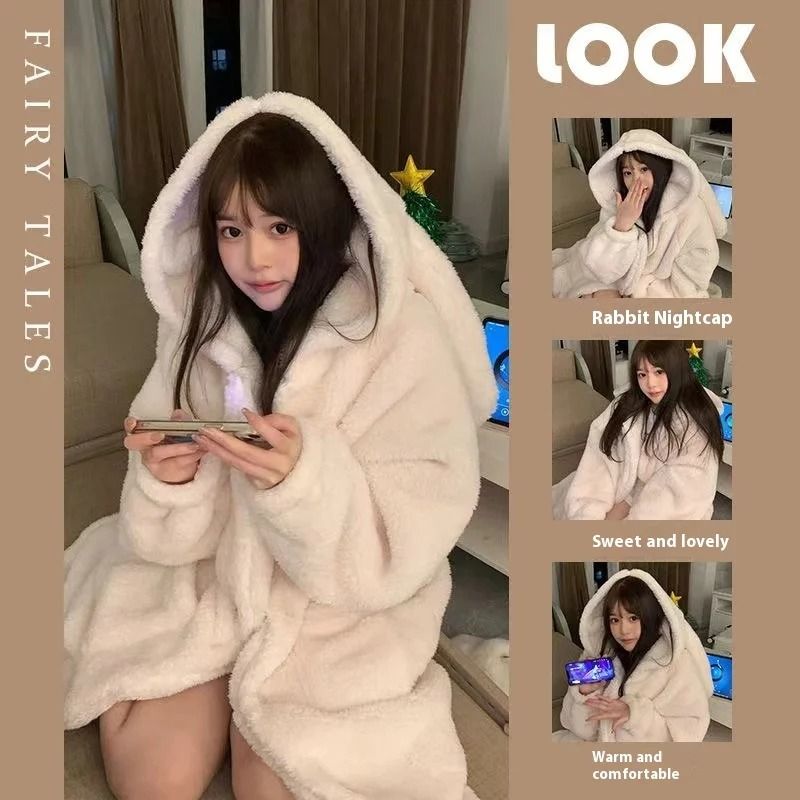 Autumn and Winter Ladies Warm Rabbit Ear Pajamas – Cartoon New Robe & Ins Girls Student Homewear