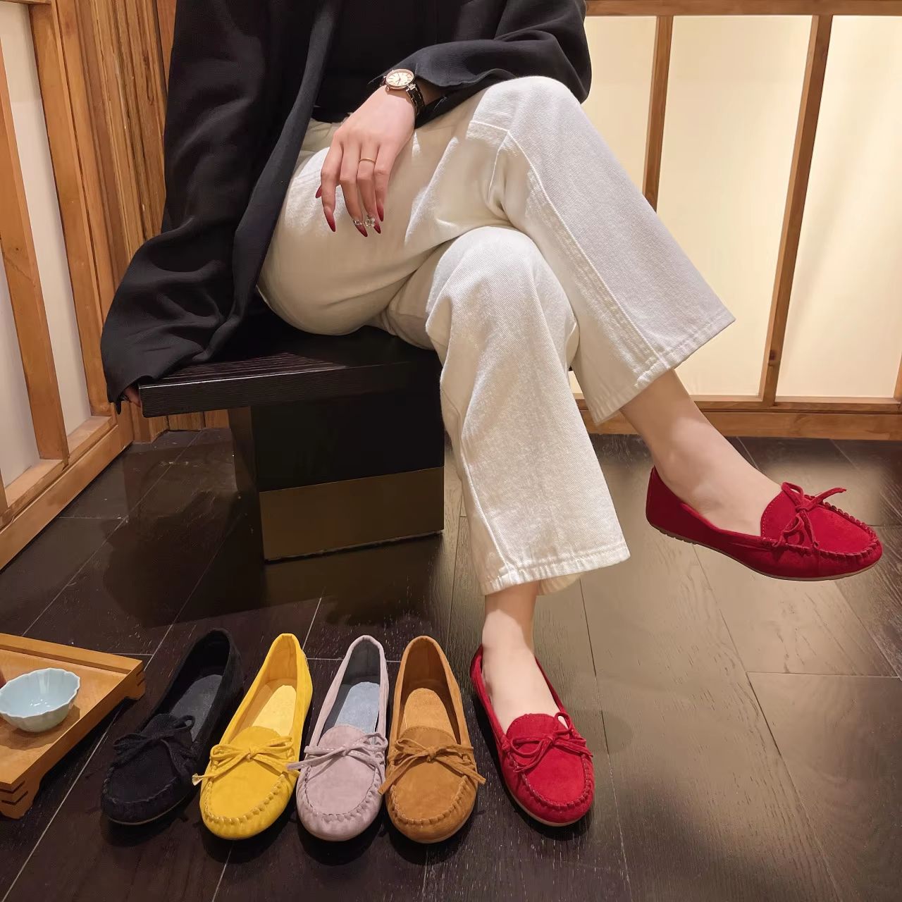 Spring Autumn Women Slip On Loafers Leather Cashmere Lined Flats Plus Size US 12