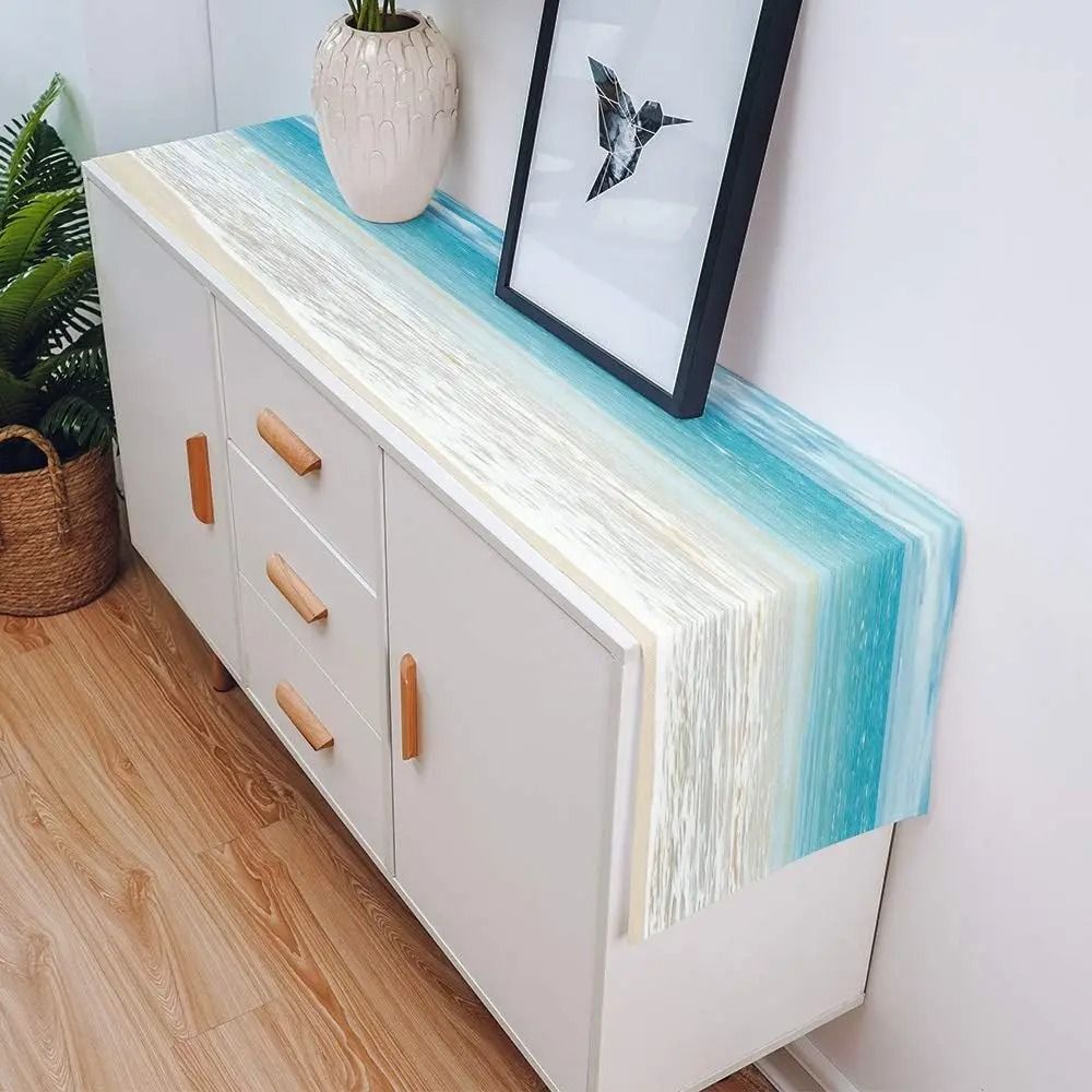 Summer Ocean Beach Linen Table Runner | Coastal Sea Water Farmhouse Dresser Scarf