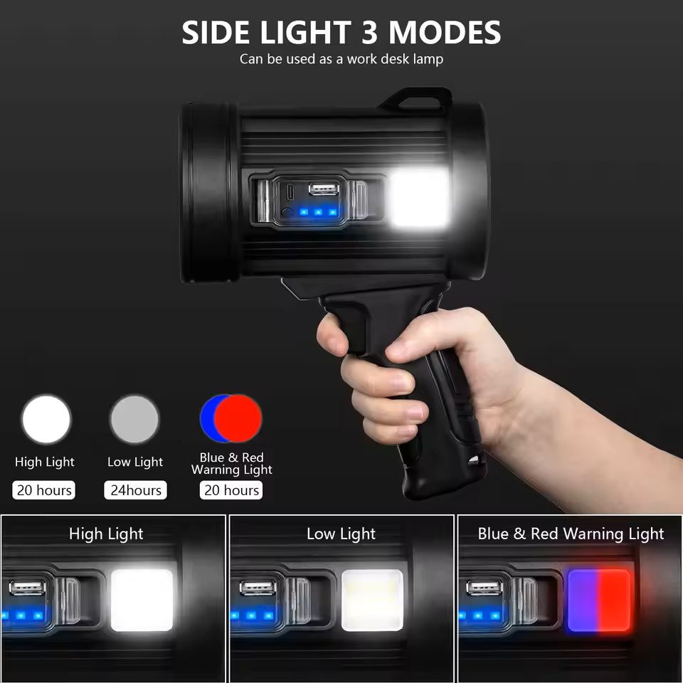 Rechargeable Spotlight 1000000 Lumens Handheld Flashlight with COB and Solar Panels