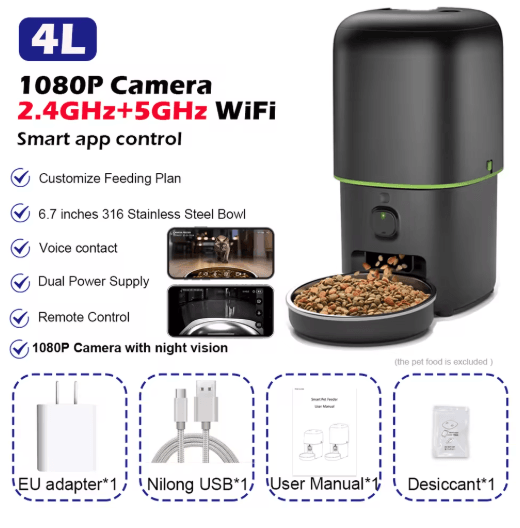 Automatic Cat Feeder Camera Pet Smart Cat Food Kibble Dispenser 2.4G/5GWiFi Tuya APP Control
