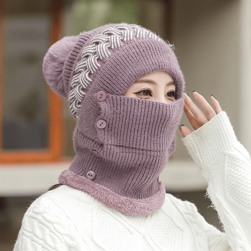 Womens Plush Fur Lined Winter Hat with Pompoms and Windproof Balaclava Design