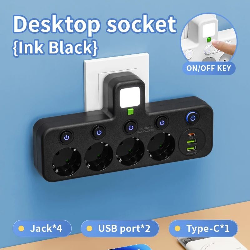 5 Socket EU Plug Wall Outlet with Optional USB C Ports