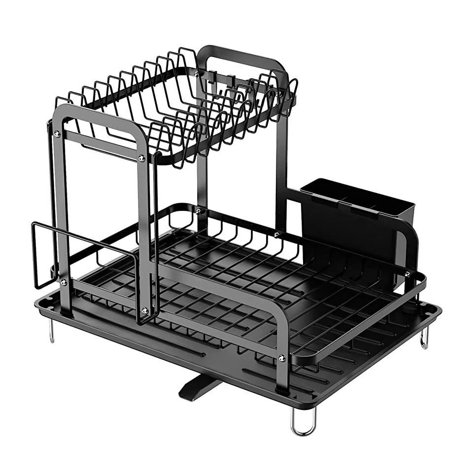 Tier Dish Drying Rack with Drainboard, Carbon Steel, Utensil Holder, Large Capacity, Kitchen Counter Storage Solution