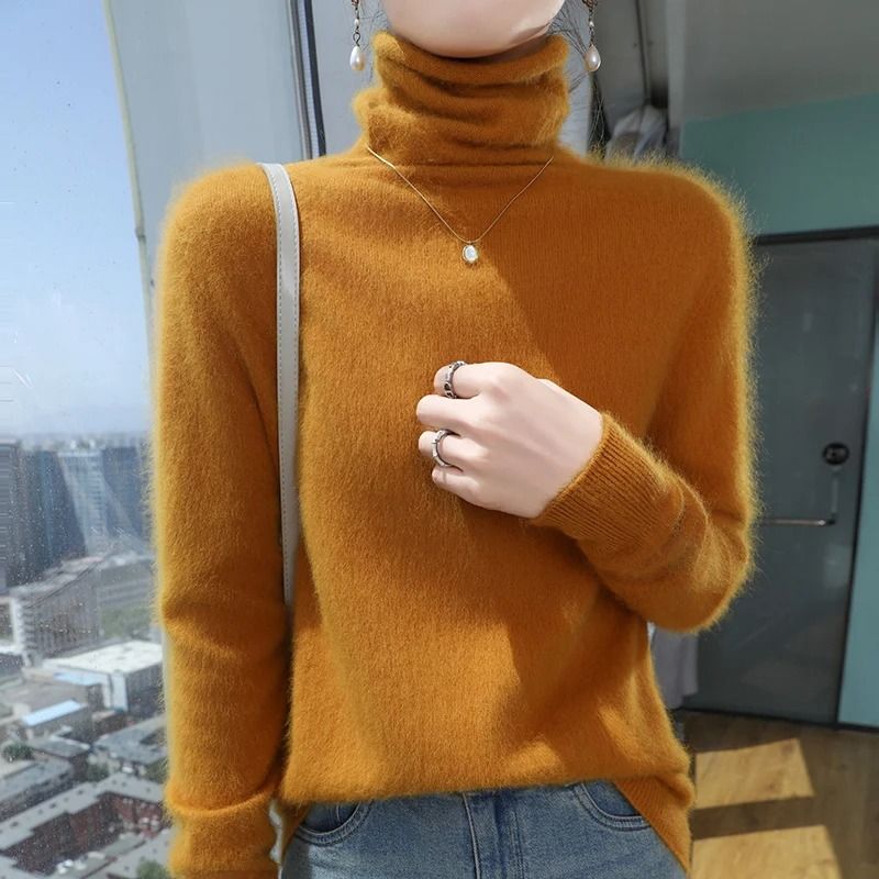 Womens Pure Mink Cashmere Sweater Slim Fit Pullover with Pile Collar Knitted Winter Top