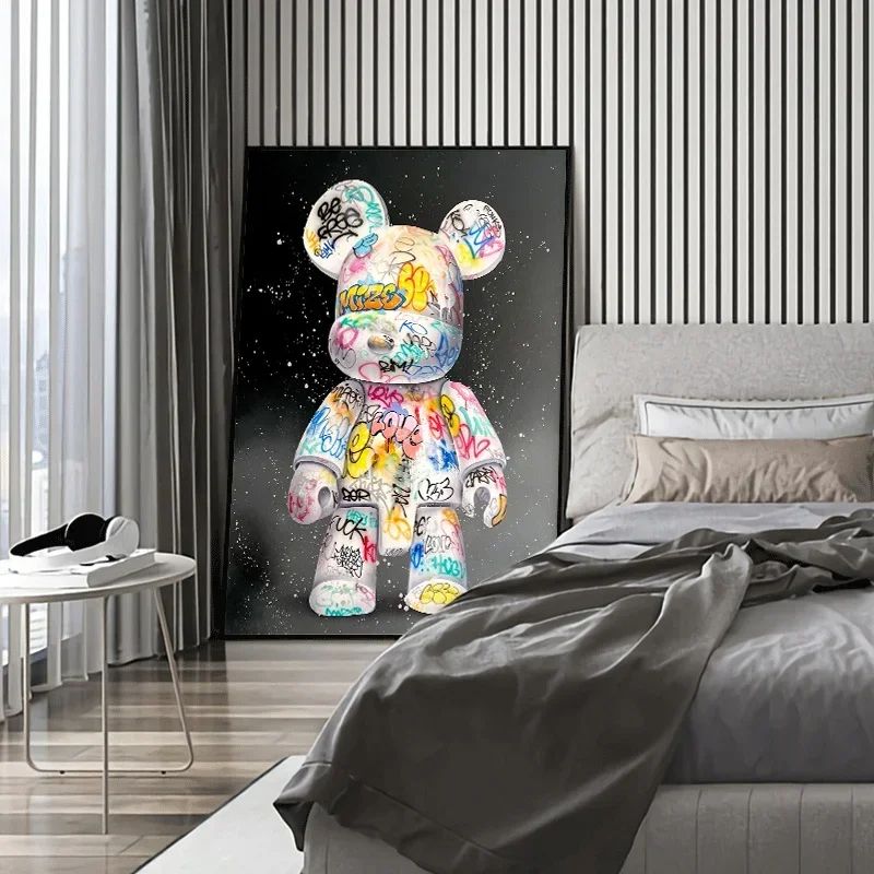 Cute Bear Graffiti Canvas Poster – Kawaii Cartoon Pop Art Wall Decor for Bedroom & Street Style Room