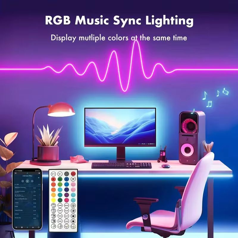 VividGlow 24V RGB Neon LED Strip Light with Bluetooth Music Sync – 5m to 30m