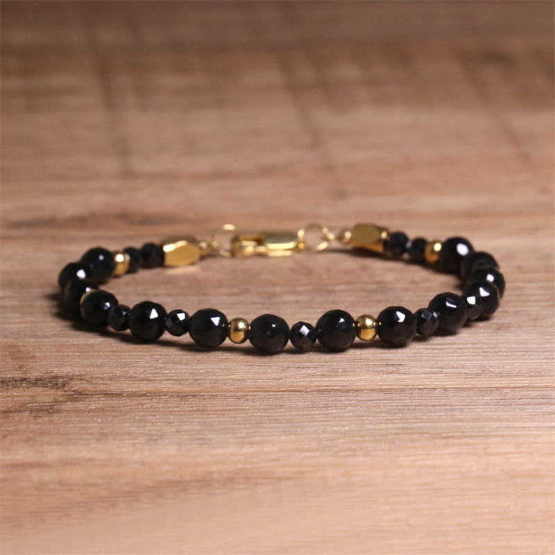 Adjustable Natural Faceted Beaded Bracelet Black Onyx Stainless Steel Chain Jewelry Gift for Yoga and Meditation