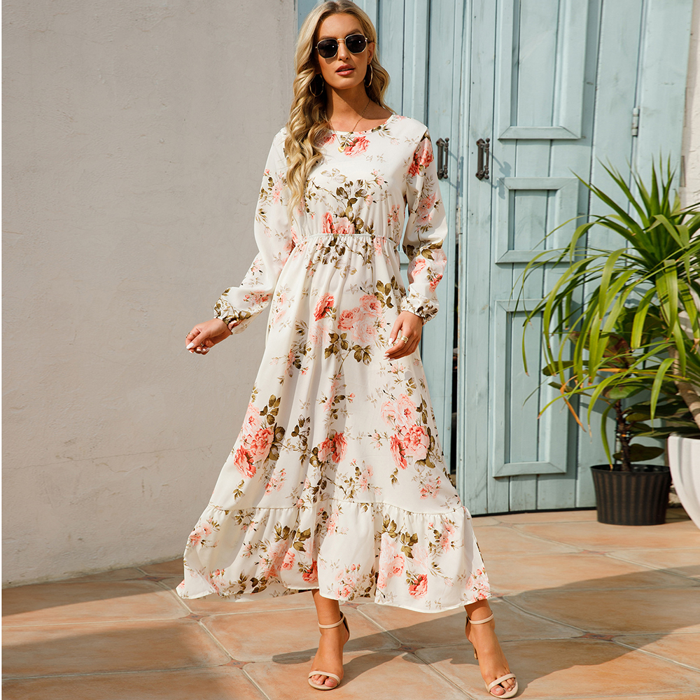 Women Maxi Dresses Bohemian Casual, Full Sleeve High Waist Beach Woman Chiffon Floral Long Dress