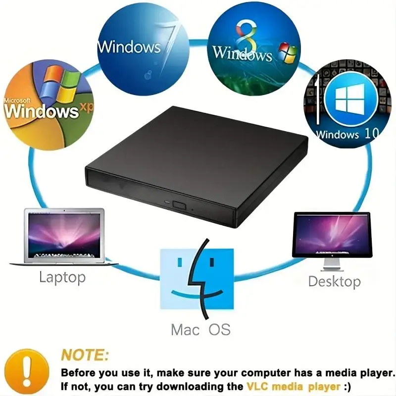 USB 2.0 External CD-RW DVD-ROM Drive, Slim, Portable, Plug-and-Play CD DVD Player for Laptop & PC