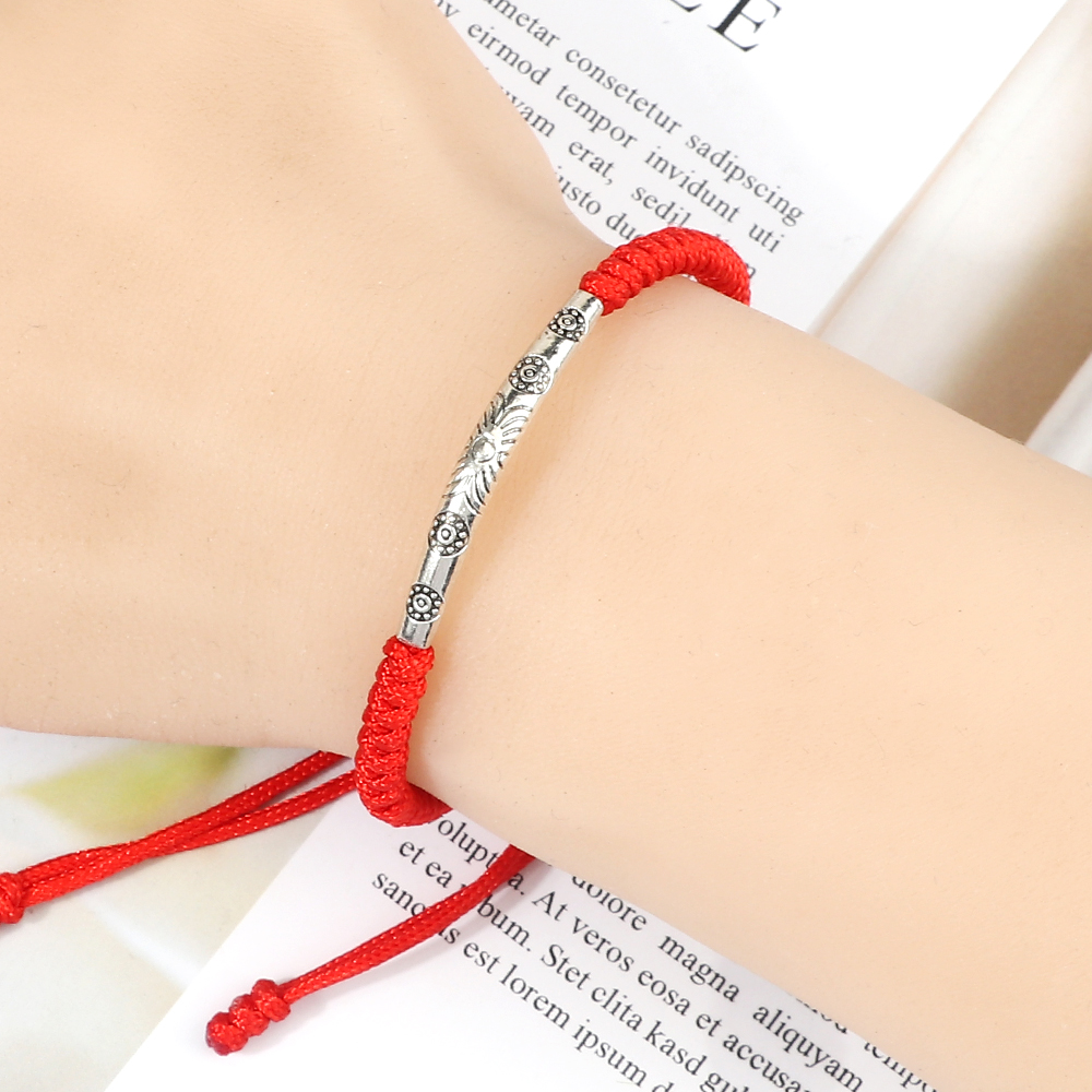 Handmade Woven Lucky Rope Chain Bangle Bohemia Long Tube Carved Flower Pendant Bracelet Jewelry Gift