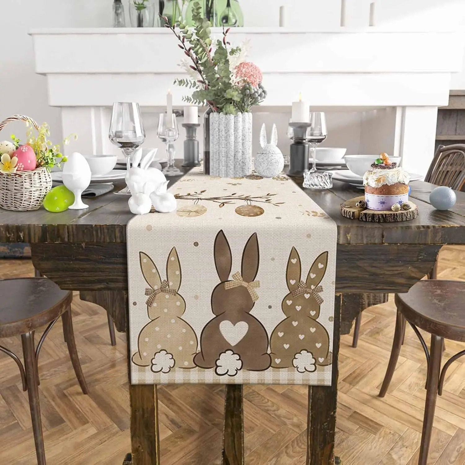 Easter Bunny & Botanical Linen Table Runner | Rustic Spring Holiday Dresser Scarf