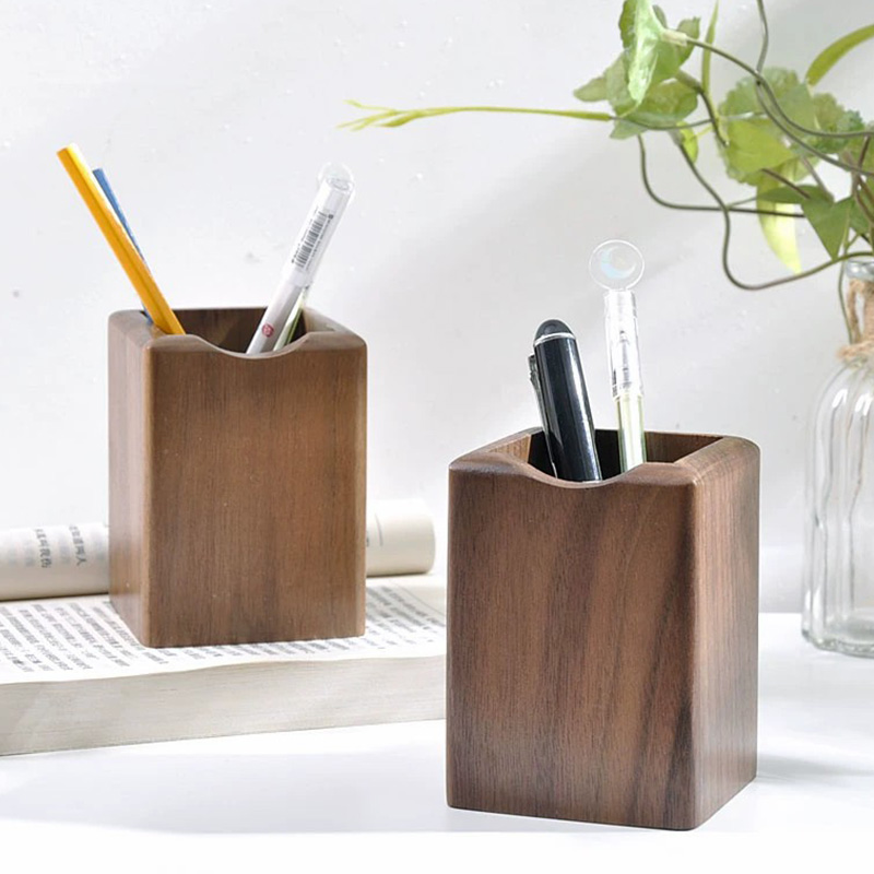 Natural Walnut Pen Holder, Wooden Ink Pen Storage Case for Desk, Writing Stationary Organizer, Office School Supplies